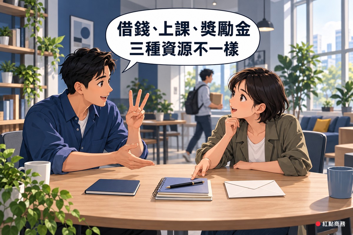 明亮的創業基地裡,穿深藍襯衫的顧問坐在圓桌一側,比出三根手指說明,桌上由左到右放著一本深藍色的小本子、一疊夾著筆的筆記本和一個白色信封;對面的女性創業者一手托著下巴、一手指著中間那疊筆記本抬頭發問,後方有書架、盆栽和抱著紙箱走過的人,對話氣泡寫著借錢、上課、獎勵金,三種資源不一樣